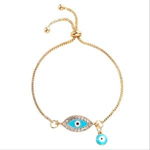 Turquoise Blue Gold Evil Eye Bracelet Adjustable Slider CZ Diamonds Rhinestones
